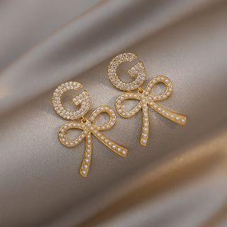 Alphabet Bow Rhinestone Faux Pearl Dangle Earring