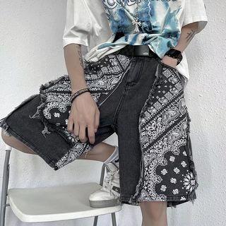 Paisley Print Fringed Trim Denim Shorts