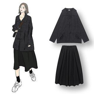 Striped Button Jacket / Midi A-line Skirt