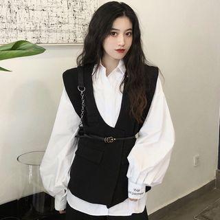 Puff-sleeve Shirt / Open Front Vest / Faux Leather Vest / Set