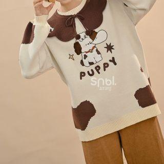 Cartoon Embroidered Tie-neck Sweater