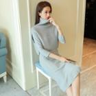 Set: Sheath Knit Dress + Turtleneck Sleeveless Sweater