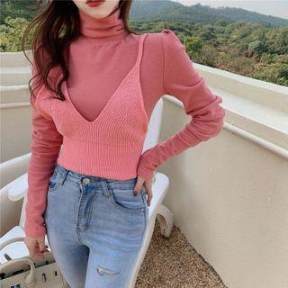 Long-sleeve Turtle Neck Knit Top / Spaghetti Strap Top