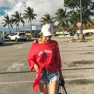 Long-sleeve Tie-hem Printed T-shirt