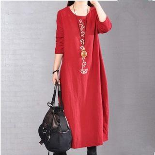 Embroidered Long-sleeve Midi A-line Dress