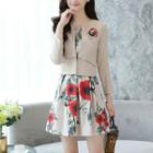 Set: 3/4-sleeve Coat + Sleeveless Printed A-line Mini Dress