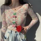 Long-sleeve Fruit-accent Cropped Knit Top Pink & Blue - One Size
