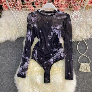 Long Sleeve Dragon Sheer Playsuit Black - One Size