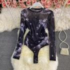 Long Sleeve Dragon Sheer Playsuit Black - One Size