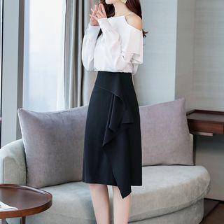 Set: Cold-shoulder Blouse + Ruffle-trim A-line Skirt
