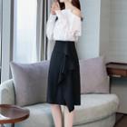 Set: Cold-shoulder Blouse + Ruffle-trim A-line Skirt