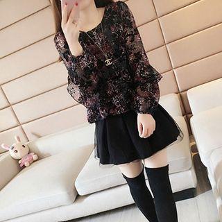 Set: Print Long-sleeve Chiffon Top + A-line Skirt