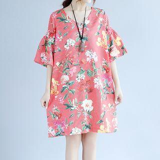 Floral Print Striped Elbow Sleeve Dress