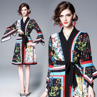 Floral Print Bell-sleeve Dress With Sash