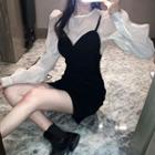 Lantern-sleeve Blouse / Mini Pinafore Dress