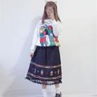 Cat Print Sweatshirt / Tasseled Embroidered A-line Midi Skirt