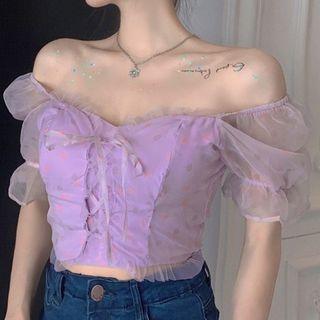 Mesh Puff-sleeve Lace-up Cropped Top