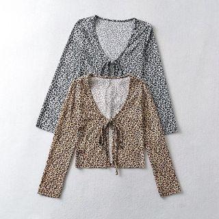 Long-sleeve Tie-front Leopard Print Top
