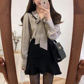 Bow Neck Long Sleeve Blouse / V-neck Pinafore Dress / A-line Skirt
