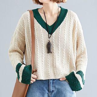 Contrast Trim Cable Knit Top As Shown In Figure - One Size