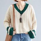 Contrast Trim Cable Knit Top As Shown In Figure - One Size