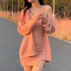 Plain Cardigan / Halter-neck Cable-knit Mini Sheath Dress