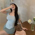 Short-sleeve Plain Slim-fit Top / Skirt