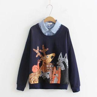 Mock Two-piece Printed Collared Sweatshirt