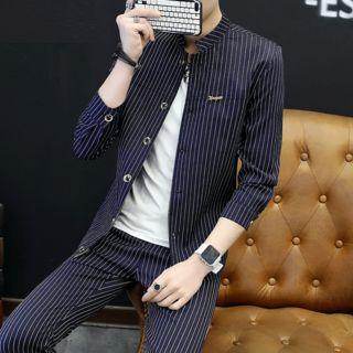 Set: Striped 3/4-sleeve Blazer + Cropped Dress Pants