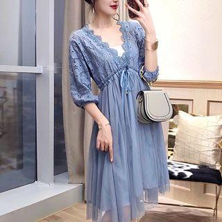 Set: Elbow-sleeve Lace A-line Dress+ Camisole Top
