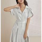 Short-sleeve Plain Tie-waist Shirtdress