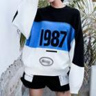 Numbering Color Panel Sweater Black & Blue & White - One Size