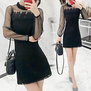 Long-sleeve Mesh Panel Mini Lace Dress