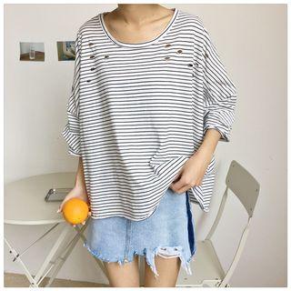 Perforated Stripe Elbow-sleeve T-shirt