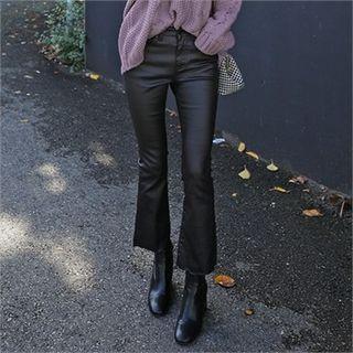 Fray-hem Coated Boot-cut Pants