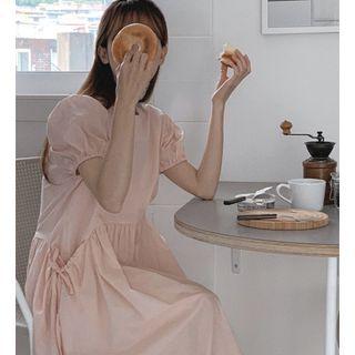 Ruched Plain Oversized Puff Short Sleeve Dress Light Tangerine - One Size