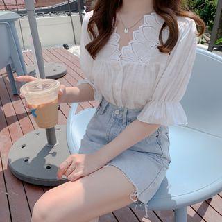 Elbow-sleeve Perforated Buttoned Top