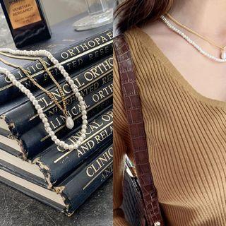 Set: Faux-pearl Necklace + Faux-pearl Pendant Necklace Ivory - One Size