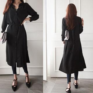Mandarin-collar Long Shirtdress With Sash