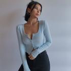 U-neck Button-up Crop T-shirt