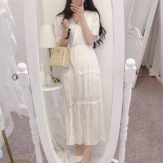 Short-sleeve Crinkled Chiffon A-line Midi Dress