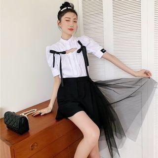 Puff-sleeve Cut-out Blouse / High-waist Shorts