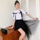 Puff-sleeve Cut-out Blouse / High-waist Shorts