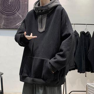 Color-block High-neck Fleece-lined Hoodie