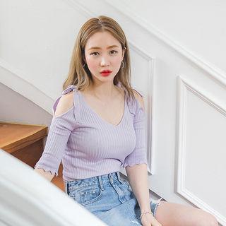 Cutout-shoulder Elbow-sleeve Rib-knit Top