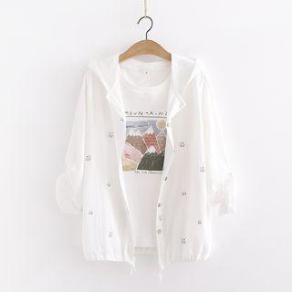 Hooded Floral Embroidered Short-sleeve Shirt / Short-sleeve Mountain Print T-shirt