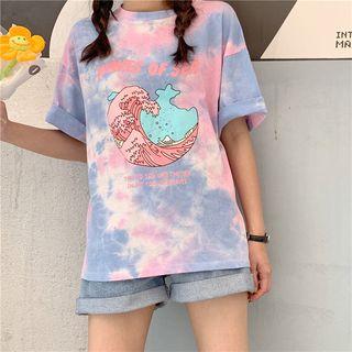 Short-sleeve Wave Print T-shirt As Shown In Figure - One Size