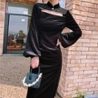 Puff-sleeve Cut-out Dotted Panel Sheath Dress