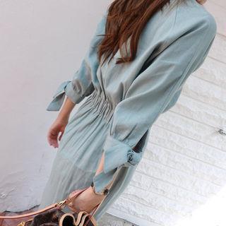 Tie-sleeve Linen Blend Shirtdress Mint Green - One Size