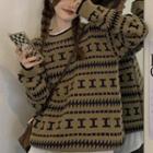 Patterned Sweater Khaki Brown - One Size